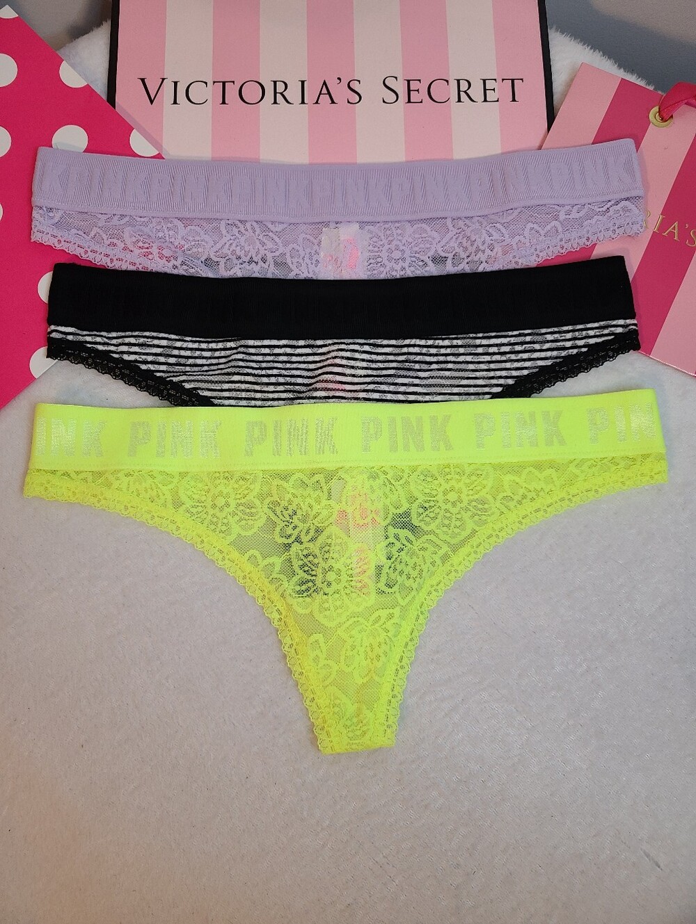Retired VS PINK 3pk Logo Band Lace Classic Full Cut Thong Panties Size M